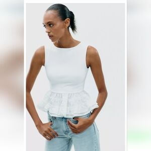 Zara White Ruffle Peplum Blouse